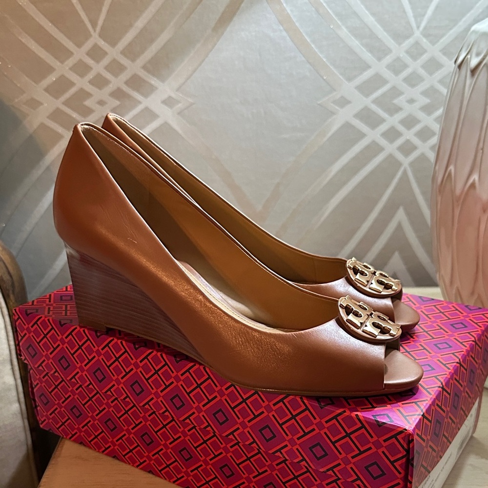 Tory Burch Tan Peep-Toe Wedges